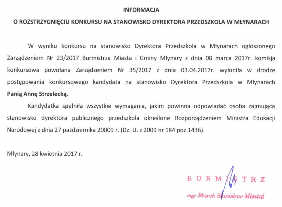 Informacja o rozstrzygnięciu konkursu na stanowisko Dyrektora Przedszkola w Młynarach