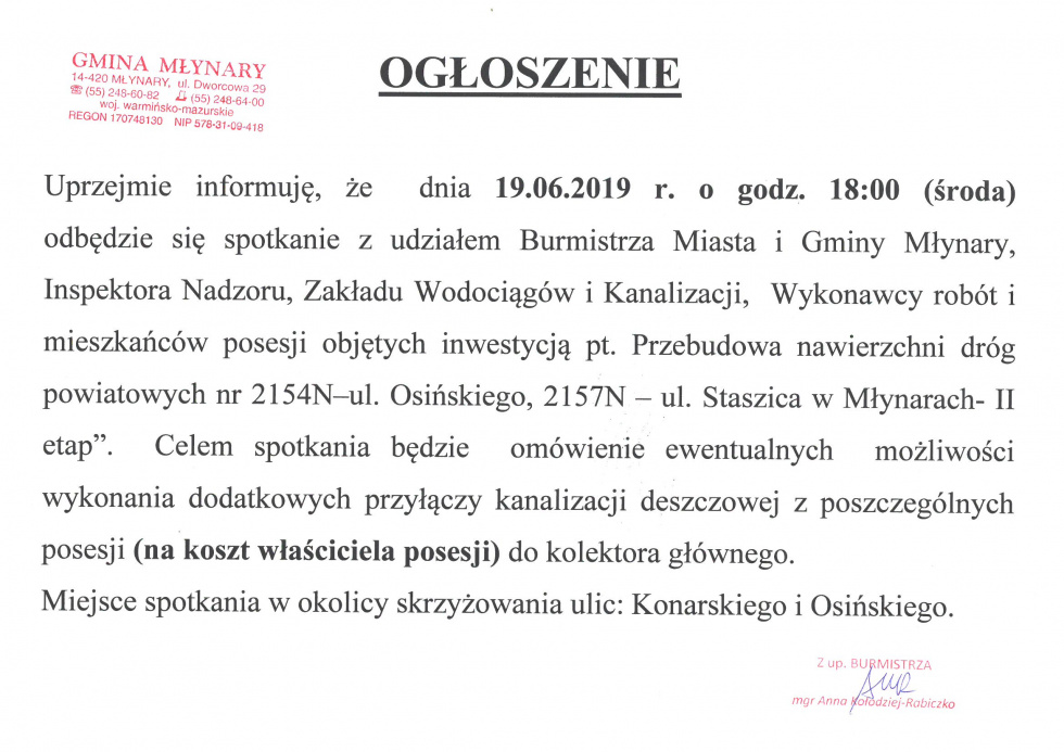 Ogłoszenie o spotkaniu dotyczącym przebudowy dróg na ul. Staszica i Osińskiego