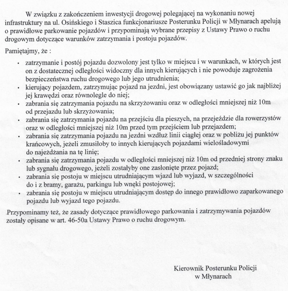 Informacja Posterunku Policji w Młynarach w związku z zakończeniem inwestycji drogowej na ul. Osińskiego i ul. Staszica
