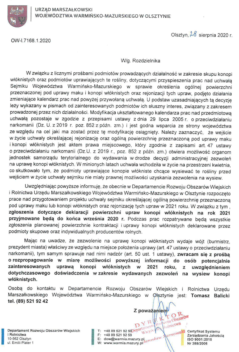 Urząd Marszałkowski: Informacja w sprawie skupu i uprawy konopi włóknistych
