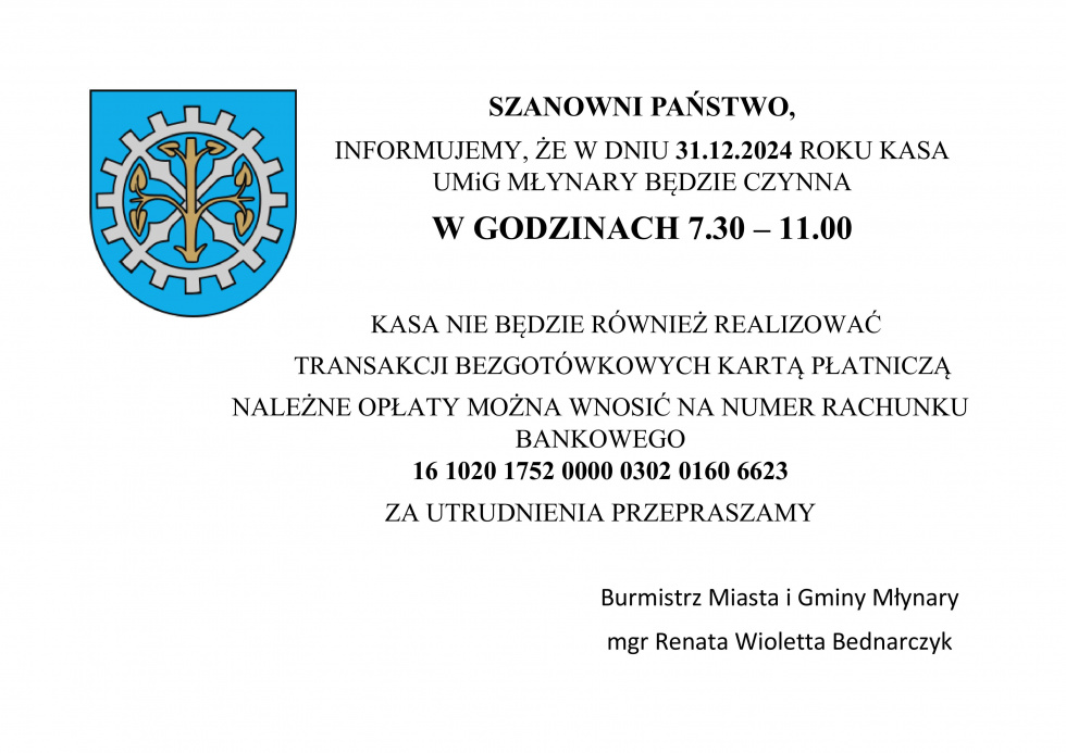 Zmiana godzin pracy kasy UMiG dnia 31.12.2024 r